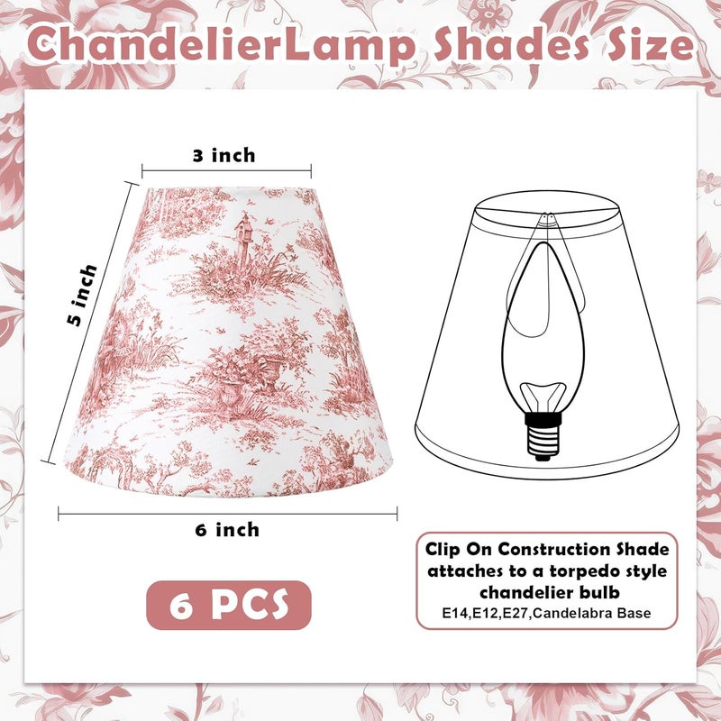 VIHOSE 6 Pcs 6 Pcs Chandelier Lamp Shades Small Chinoiserie Lamp Shade 3 x 6 x 5 Inch French Countryside Toile Clip Bulbs Lampshade for Wall Sconces Pendant Lighting (Flower Arch) - Image 2